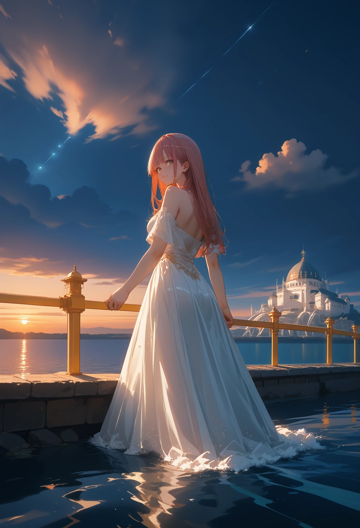 cinematic film still,score_9,score_8_up,score_7_up,masterpiece,best quality,8k,source_cartoon,source_アニメ,Anime girl on the bridge,Dressed in Light Clothes,beautiful,curvy,sexy,long hair,full height,Image of the Goddess of Beauty,Holding hand on the handrail on the bridge,Looks at the Water,sunset,Wonderful views,Bright light,Clear palette,masterpiece,ultra detail,Maximum drawing of details,Little Lights Visible on the Water,sunset освещает воду,bright colors,Glitter falls on the Character,The water glitters,A little windy,high quality,wallpaper,4k,8 K