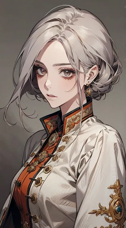 a beautiful detailed anime portrait of a woman with grey hair wearing an orange blouse, exquisite face, stunning character paint...