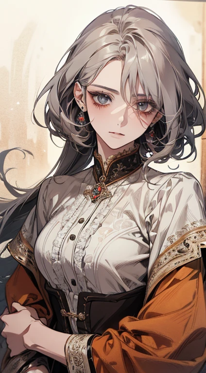 A beautiful detailed anime portrait of a woman with grey hair wearing an orange blouse, exquisite face, stunning character painting, lovely anime portrait, her image rendered in red ink, with an impressive effect, highly detailed, feminine facial features and clothing, creamy dripping effect on the face making it vivid, the woman wears a lovely detailed outfit with light grey hair, accurate proportions, traditionally dressed female character with classic charm