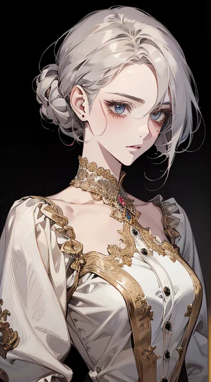 beautiful detailed anime portrait of a woman with grey hair wearing an orange blouse, exquisite face, stunning character paintin...