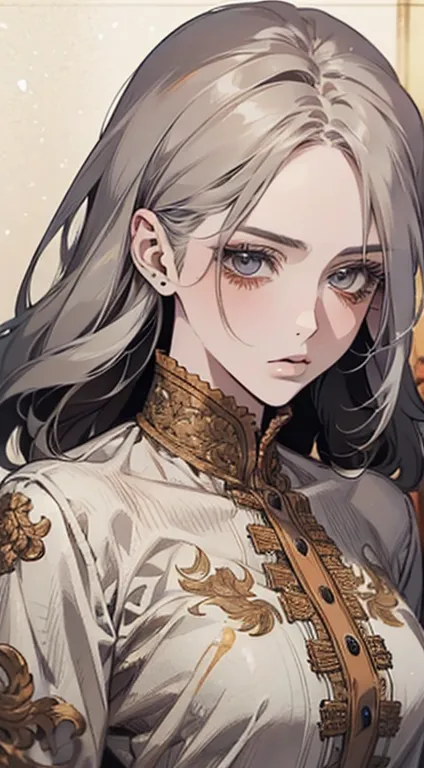 beautiful detailed anime portrait of a woman with grey hair wearing an orange blouse, exquisite face, stunning character paintin...