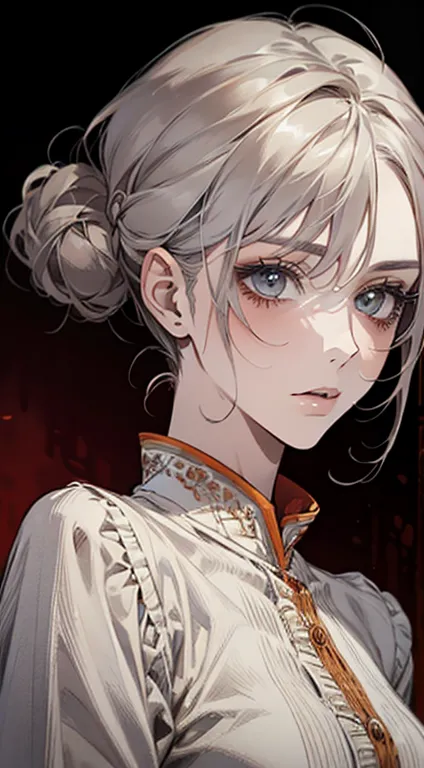 beautiful detailed anime portrait of a woman with grey hair wearing an orange blouse, exquisite face, stunning character paintin...