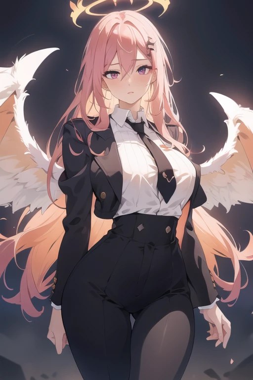 beautiful young woman, lithe physique, long messy peach colored hair, magenta eyes, halo, crown, white shirt, black tie, black jacket, black pants, suit and tie, small breasts, nipples poking through, nipples, large ass, thighs, highly detailed, 8k, photorealistic, dramatic lighting, cinematic, elegant, fashion portrait, angel, angelic, wings,