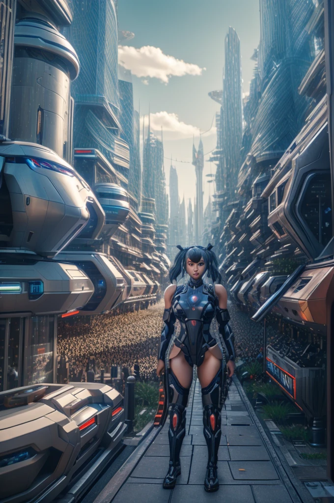 araffe woman in a futuristic suit with a gun in her hand, Lucy, girl in mecha cyber armor, mechanized soldier girl, cgsociety and fenghua zhong, perfect android girl, cute cyborg girl, cyberpunk anime girl mech, female mecha, beutiful girl cyborg, cyborg girl, wojtek fus, portrait armored astronaut girl, mechanized valkyrie girl, fakebreasts, futuristic city background