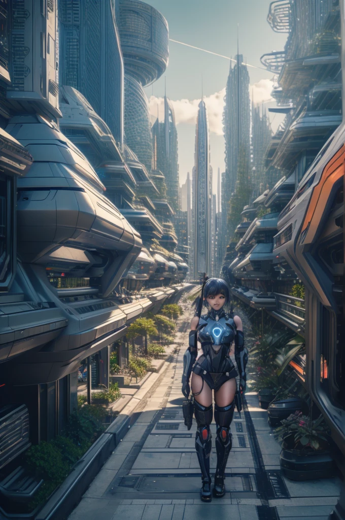 araffe woman in a futuristic suit with a gun in her hand, Lucy, girl in mecha cyber armor, mechanized soldier girl, cgsociety and fenghua zhong, perfect android girl, cute cyborg girl, cyberpunk anime girl mech, female mecha, beutiful girl cyborg, cyborg girl, wojtek fus, portrait armored astronaut girl, mechanized valkyrie girl, fakebreasts, futuristic city background