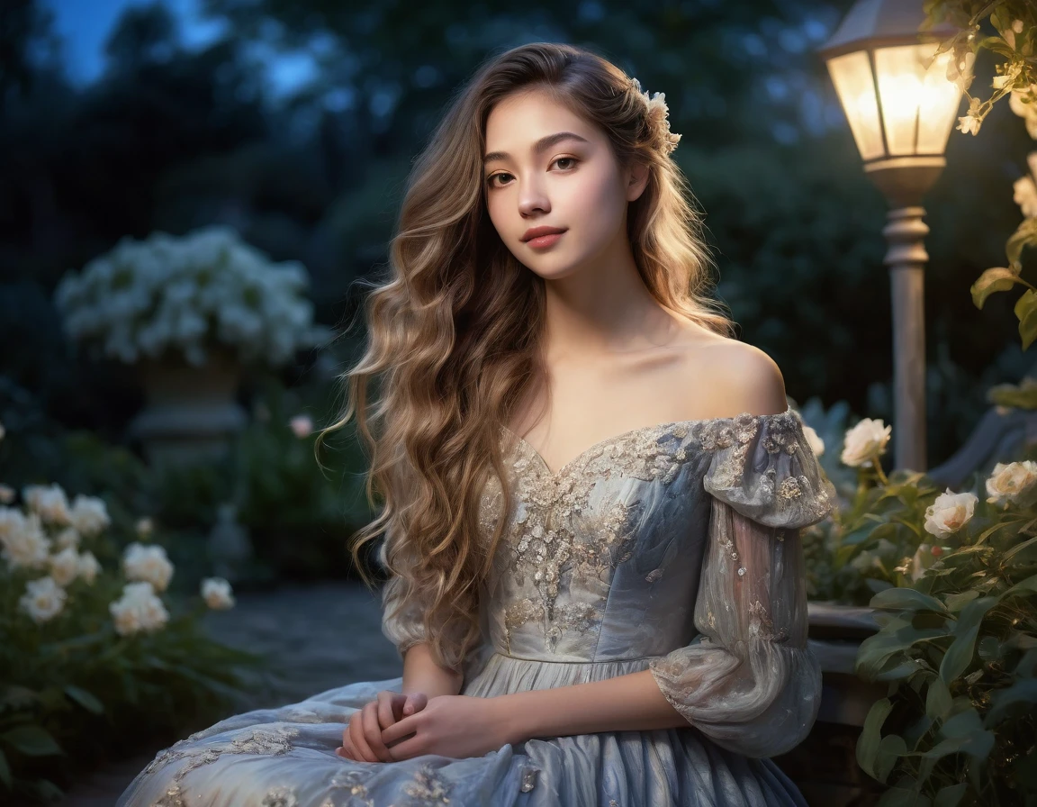 A romantic moonlit night, a young woman confessing her love, detailed facial features, beautiful dress, flowing hair, moonlit garden, soft lighting, impressionist style, muted colors.