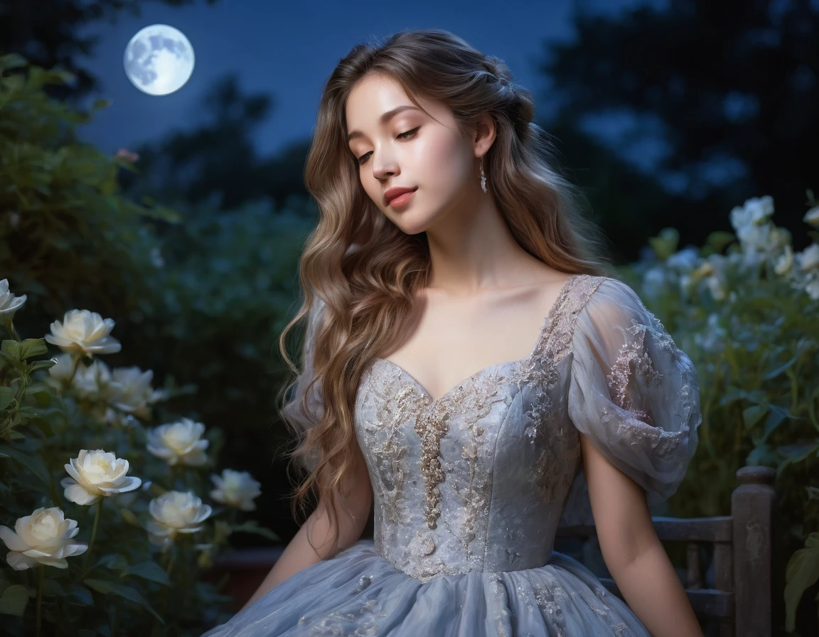 A romantic moonlit night, a young woman confessing her love, detailed facial features, beautiful dress, flowing hair, moonlit garden, soft lighting, impressionist style, muted colors.