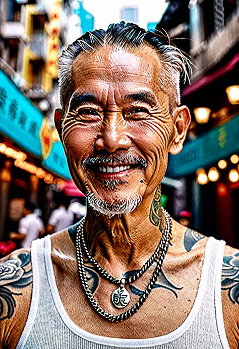 Close-up of a handsome old man, muscular, tattooed, wearing a necklace, hair tied up, street background, gangster style, romanti...