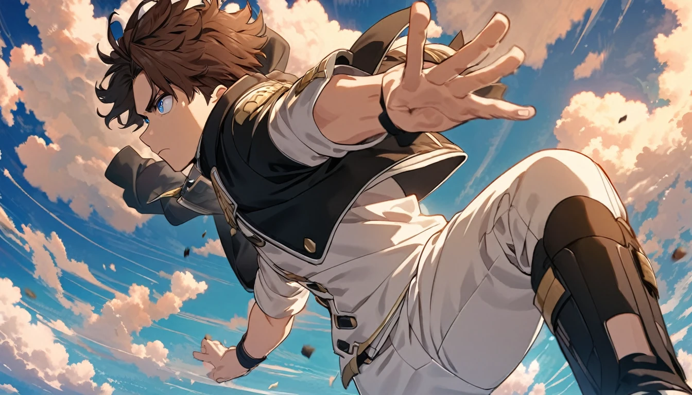 A serious brown-haired, Wavy shoulder-length blue-eyed 17 years old boy, With a black jacket with white details and white pants, Good anatomy, Complete hands,Scene in the sky, character falling, Just a character, clear, sky, clouds, Boku no hero academy style