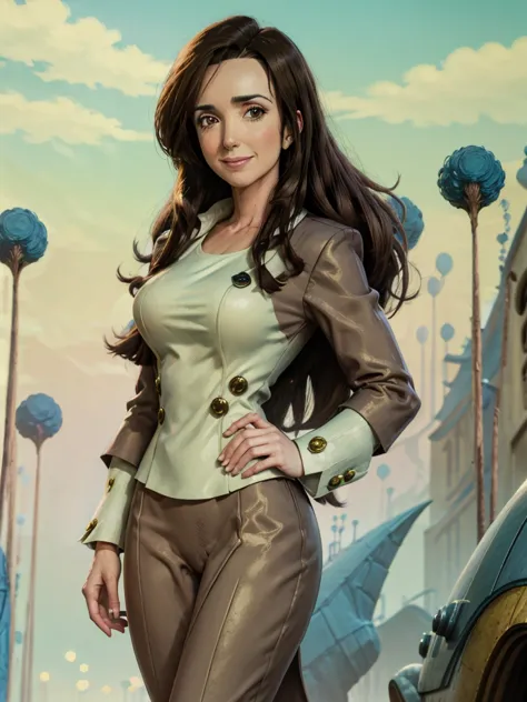 8k, best quality, victoria villarruel dressed in a suit as a dragon ball lawyer, long dark brown hair, slim with wide hips, smil...