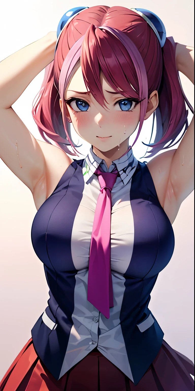 1 Female,High definition,high resolution,Ultra-realistic,8K, hy1, hair ornament, multicolored hair, necktie, skirt, sleeveless, , pink skirt, tight skirt,miniskirt, jewelry,European,sexy,Upper body close-up,Photographed from the front,Dynamic Angles,blush, medium tits, happy, wink the eye,facial, sweat,multicolored hair ,  arms up,arms together 