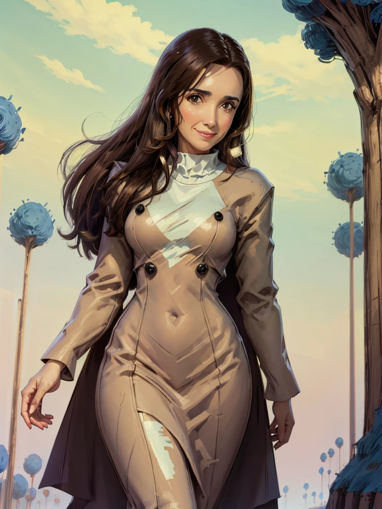 8k, Best Quality, Victoria Villarruel dressed as a lawyer, long dark brown hair, slim with wide hips, smiling warm expression. outdoor, clearing, plain, namek trees background.