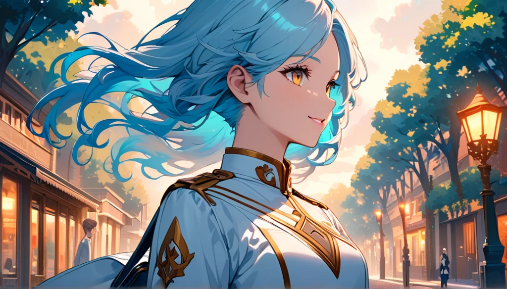 (absurdities, High resolution, ultra detailed), light blue hair, Medium length, wavy, half up, elegant, hairstyle, young, 17 years,gold eyes, Beautiful, black and white uniform, Street, trees, rosa, Vibrant,smile, quiet, good anatomy, schoolbag