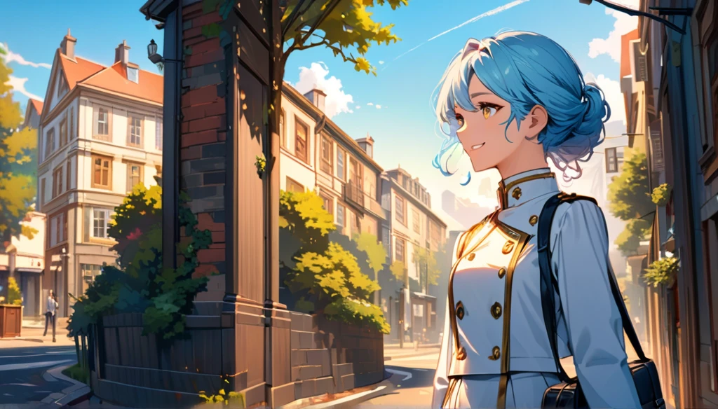 (absurdities, High resolution, ultra detailed), light blue hair, Medium length, wavy, half up, elegant, hairstyle, young, 17 years,gold eyes, Beautiful, black and white uniform, Street, trees, rosa, Vibrant,smile, quiet, good anatomy, schoolbag