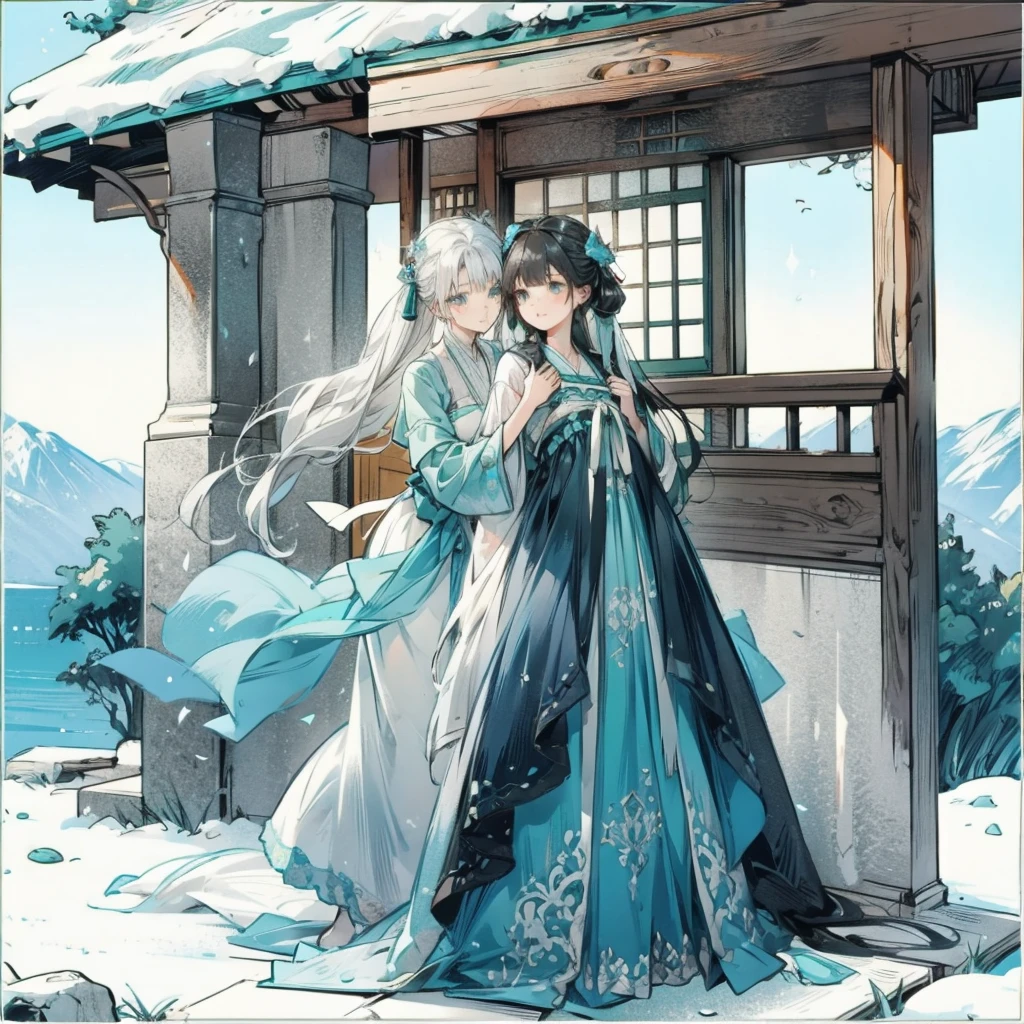 ((Highest quality)), ((masterpiece))、Small breasts are justice、Two Priestesses、Dance、guide、(Blue and silver long hair、Blue-green eyes)、(Long grey hair mixed with white hair、Grey Eyes)、Miko costume、morning haze、Shrine in the mountains