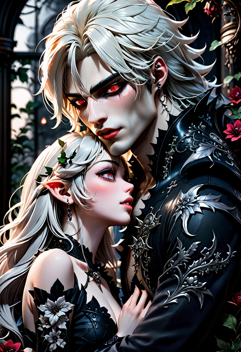 Stunning dark fantasy intricately detailed masterpiece in 32k, UHD, scene contains a 25 year old anime manga male vampire with pale skin, piercings, visibly tattooed with floral designs, fangs, in an intimatepose with long black hair grey eyes freckled skin, intimatelykissing a 25-year-old male, giving an impression of a dark fantasy atmosphere, Dark fantasy romantic semirealistic manga comic style. Volumetric and dynamic lighting. Hyperdetailed photorealistic hyperrealistic