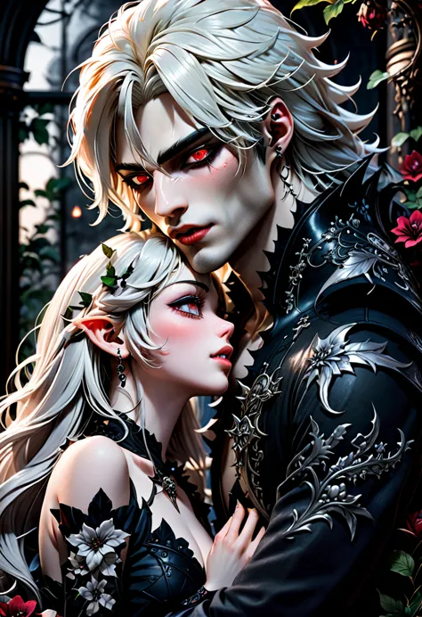 stunning dark fantasy intricately detailed masterpiece in 32k, uhd, scene contains a 25 year old anime manga male vampire with p...