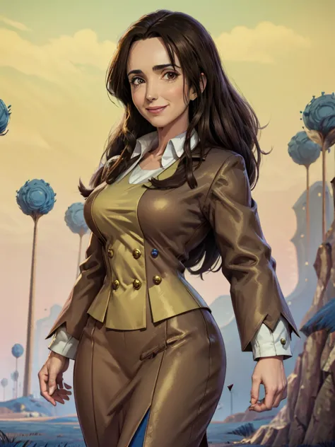 8k, best quality, victoria villarruel dressed in a suit as a dragon ball lawyer, long dark brown hair, slim with wide hips, smil...