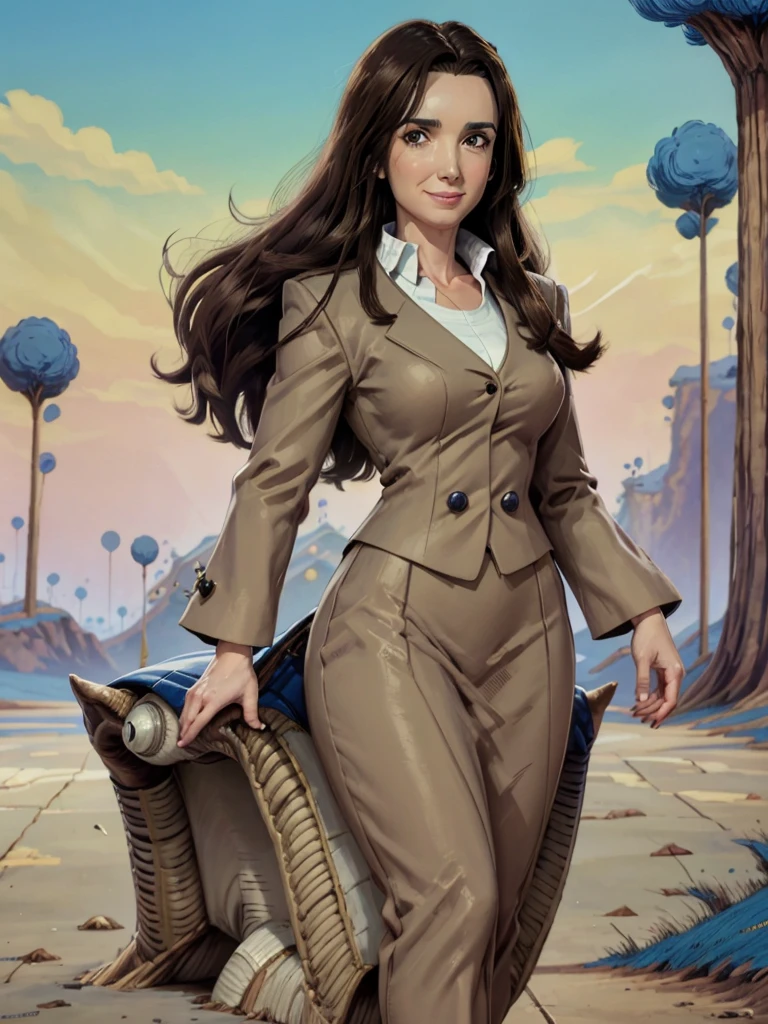 8k, Best Quality, Victoria Villarruel dressed in a suit as a Dragon Ball lawyer, long dark brown hair, slim with wide hips, smiling warm expression. outdoor, clearing, plain, namek trees background.