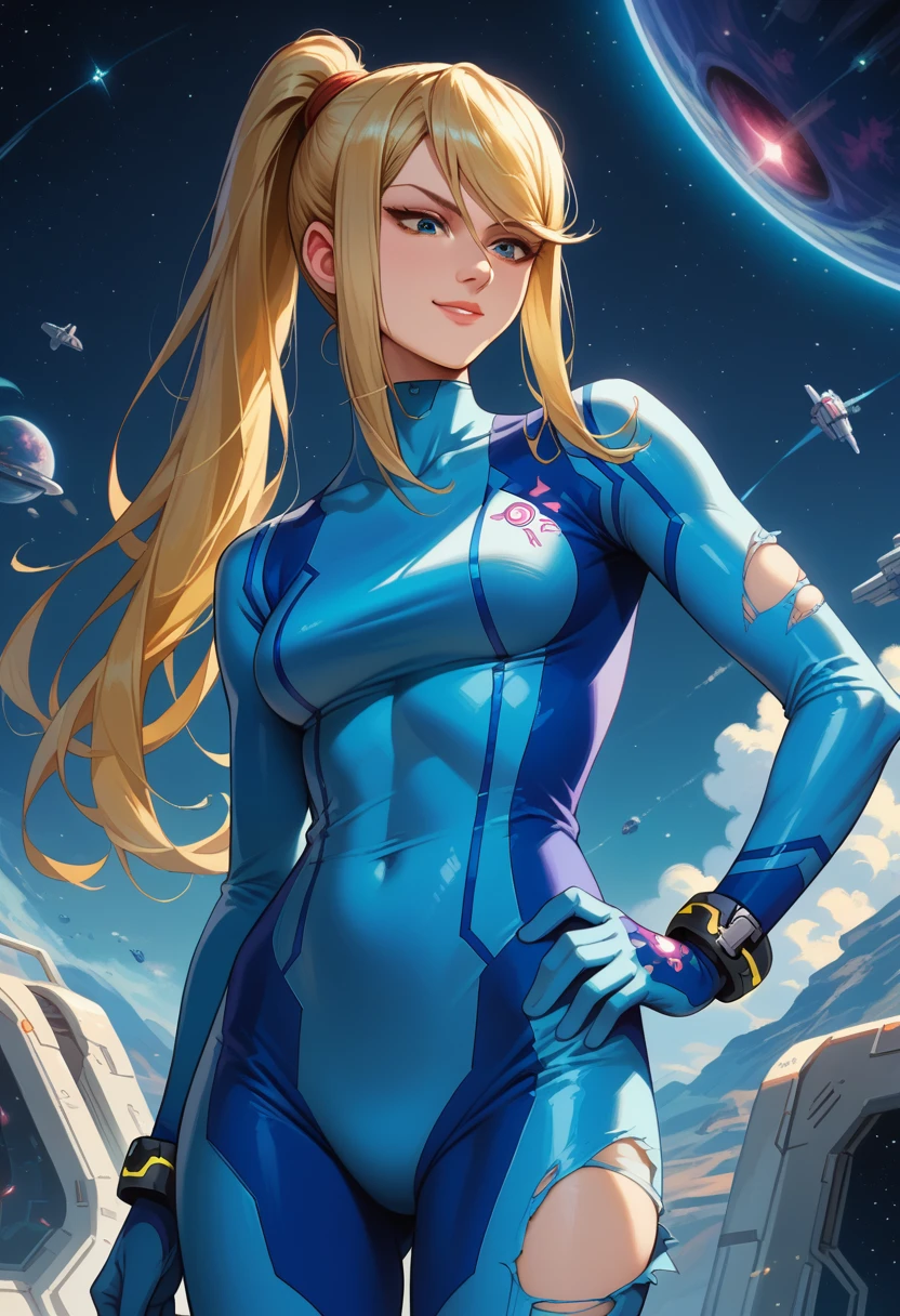 score_9, score_8_up, score_7_up, 1girl, solo,defSamus, blonde hair, long hair, bodysuit, blue clothes, blue pants, blue gloves, standing, hand on hip, smiling, ((age regression)), torn clothes, looking down, spaceship, space
