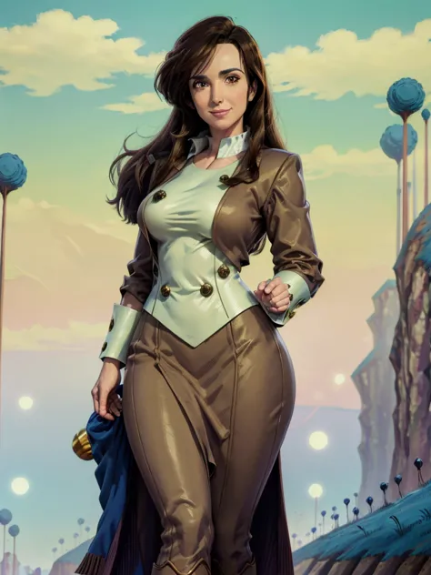 8k, best quality, victoria villarruel dressed in a suit as a dragon ball lawyer, long dark brown hair, slim with wide hips, smil...