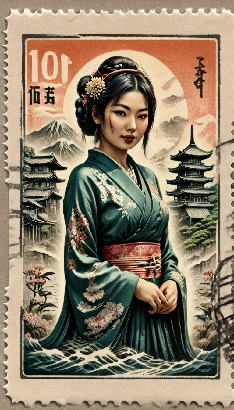 3d, stamped embossed, fillagree, realistic, pretty, lovely,landscap art retro,Japanese woman, old vintage stamp, ink punk,dinamic,ink art , comic book, cartoon,colors, sketch, tiny detailed, masterpiece, artstation trends, sharp focus, ,bold high quality, intricate details,vector style for t-shirt,ultra detailed, high resolution,kodew