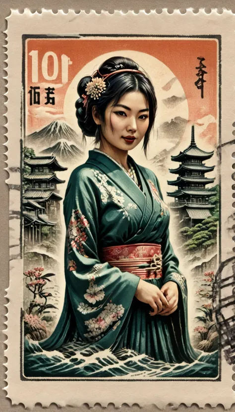 3d, stamped embossed, fillagree, realistic, pretty, lovely,landscap art retro,japanese woman, old vintage stamp, ink punk,dinami...