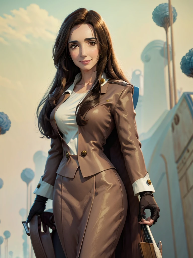 8k, realist, Best Quality, Victoria Villarruel dressed in a suit as a lawyer, long dark brown hair, slim with wide hips, smiling warm expression. outdoor, clearing, plain, namek trees background.