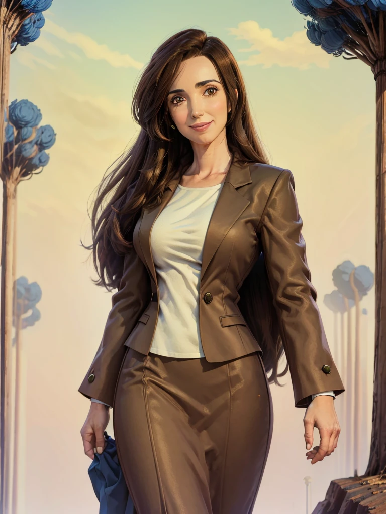 8k, realist, Best Quality, Victoria Villarruel dressed in a suit as a lawyer, long dark brown hair, slim with wide hips, smiling warm expression. outdoor, clearing, plain, namek trees background.