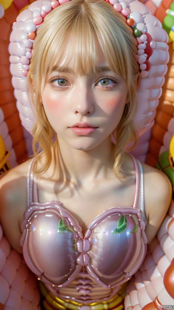 (masterpiece, ultra-detailed, ultra-realistic, best quality, clear focus, photorealistic), (ultra-high resolution, 8k:1.3), (full body:1.3), perfect anatomy, perfect face, (detailed face, detailed eyes:1.3), (1 beautiful Japanese blonde girl), (she is trapped in the inflated balloons:1.4)