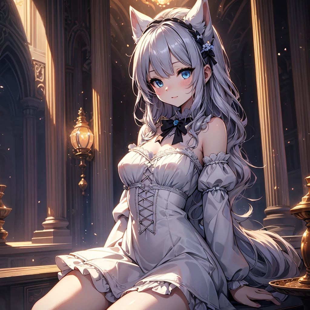 silver hair, dog ears, white dress,wavy hair,delicate features quiet gaze,beautiful half body illustration,beautiful backgraund,atmospheric lighting,sharp focus,vlumetric lighting,cute face,reduce saturation,fine detailed face,small nose and mouth,volumetric top lighting,bold line painting, soft shadow,((masterpiece, best quality)), (1girl), (solo), (female focus),small breasts,flat tits,Lolita,short height,skinny girl,blue eyes,open legs,animal ears,
