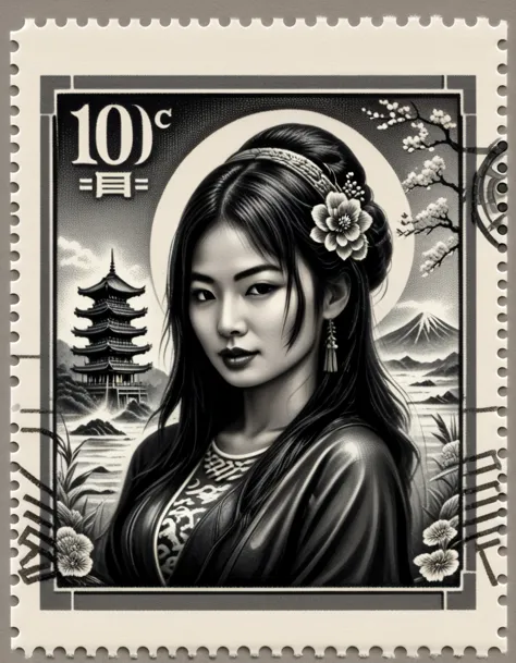 monochrome,grayscale,3d, stamped embossed, fillagree, realistic, pretty, lovely,landscap art retro,japanese woman, old vintage s...