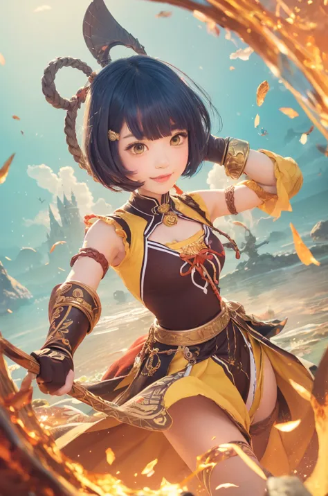 {smiling anime girl warrior with luminescent, short deep blue hair styled in intricate double buns, each adorned with golden fil...