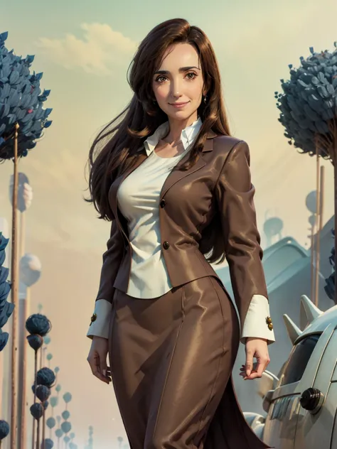 8k, best quality, victoria villarruel dressed in a suit as a lawyer, long dark brown hair, slim with wide hips, smiling warm exp...