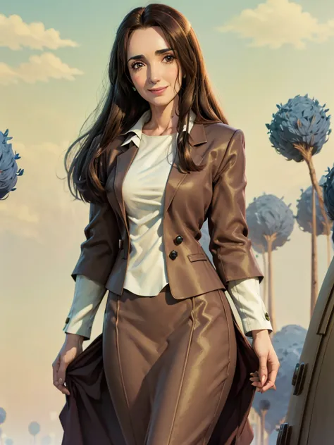 8k, best quality, victoria villarruel dressed in a suit as a lawyer, long dark brown hair, slim with wide hips, smiling warm exp...