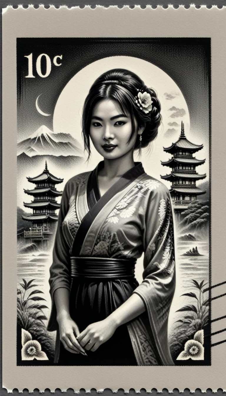 monochrome,grayscale,3d, stamped embossed, fillagree, realistic, pretty, lovely,landscap art retro,Japanese woman, old vintage stamp, ink punk,dinamic,ink art , comic book, cartoon,colors, sketch, tiny detailed, masterpiece, artstation trends, sharp focus, ,bold high quality, intricate details,vector style for t-shirt,ultra detailed, high resolution,kodew