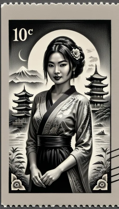 monochrome,grayscale,3d, stamped embossed, fillagree, realistic, pretty, lovely,landscap art retro,japanese woman, old vintage s...