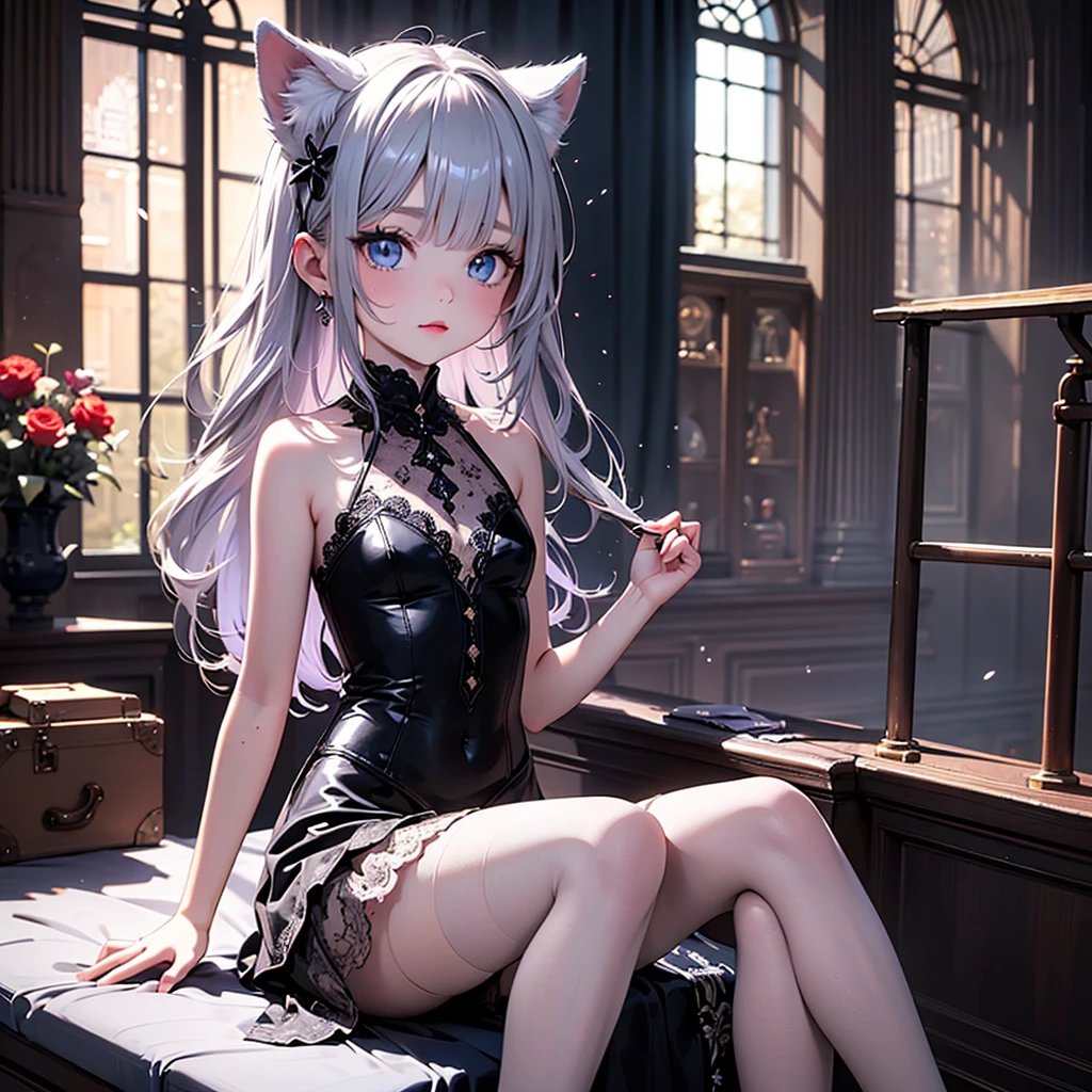 silver hair, dog ears, white dress,wavy hair,delicate features quiet gaze,beautiful half body illustration,beautiful backgraund,atmospheric lighting,sharp focus,vlumetric lighting,cute face,reduce saturation,fine detailed face,small nose and mouth,volumetric top lighting,bold line painting, soft shadow,((masterpiece, best quality)), (1girl), (solo), (female focus),small breasts,flat tits,Lolita,short height,skinny girl,blue eyes,open legs,animal ears,
