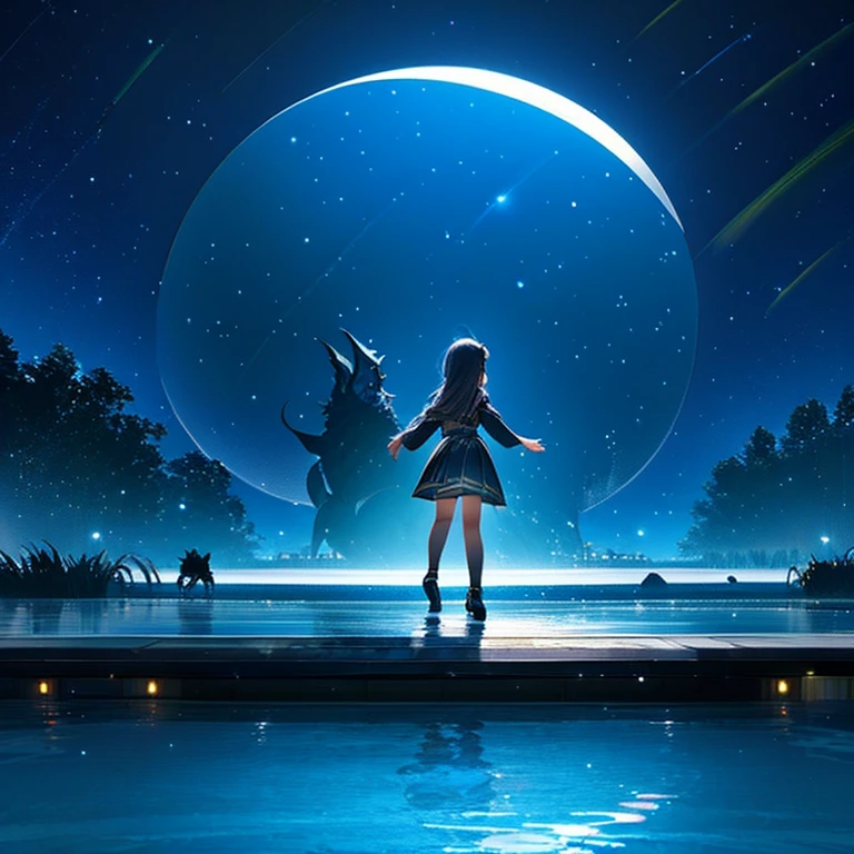 Moonlit night A beautiful girl stands casting a dragon's shadow on the lake's surface, fantasy, mysterious atmosphere, small lights dancing
Effective use of LoRA