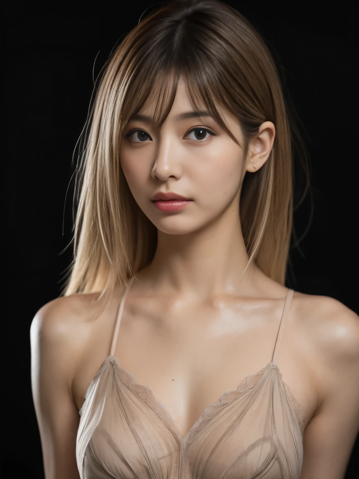 (masterpiece:1.2), ultra detailed, (realistic, photo realistic:1.37), high detail RAW color photo, professional photograph, an extremely delicate and beautiful, extremely detailed, finely detail, extremely detailed beautiful girl, extremely detailed face, extremely detailed eyes, extremely detailed skin, extremely detailed nose, extremely detailed mouth, perfect anatomy, (Japanese famous actress:1.3), brown hair, shortcut hair, (gyaru:1.3), Dynamic lighting, messy hair, (black background), (full body:1.3), (armpit),