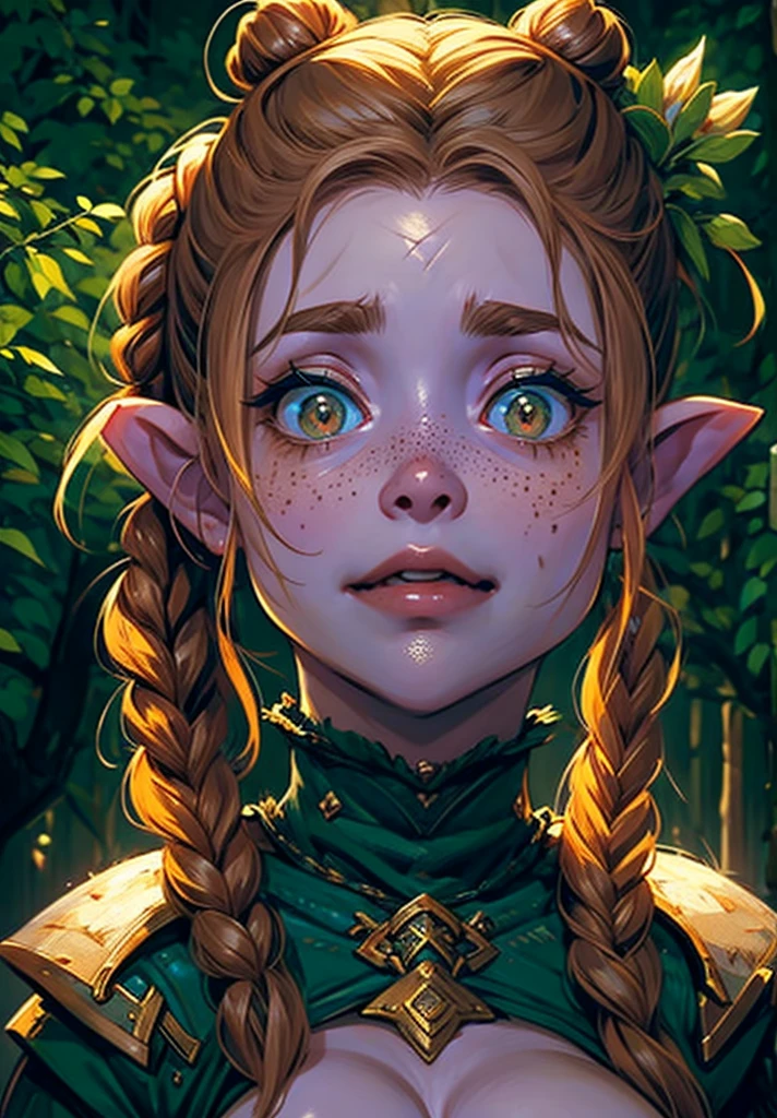 full color, (((nude:1.2))), large breast:1.3, fantasy game world, a young dwarf researcher woman in thick dark forest, blond hair, 2 buns, 2 braids, very pale skin, lots of freckles, checking a flower, large eyes, closeup of face, facing upward, thick:1.4, ashamed expression