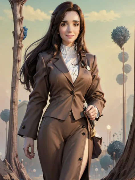 8k, best quality, victoria villarruel dressed in a suit as a lawyer, long dark brown hair, slim with wide hips, smiling warm exp...