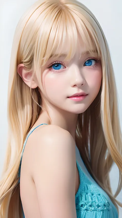 a radiant blonde dancing in front of a cute face、long silky bangs that cover the eyes、big, bright, pale sky blue cute eyes、very ...