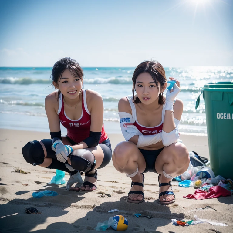 (2 beautiful Korean women volunteers, age 28, (wearing White Tight Lightweight Synthetic Korea Volleyball Jersey, Red Spandex Shorts, Ankle Braces, Knee Pads, white gloves, sandals, barefeet), (Squatting down, Removing Ocean Debris, Plastic bottles, Plastic Bags, Garbage, Dump Pit, Garbage bags), (Beach Clean-up, Ocean Clean-up), Early Dawn On a polluted Beach, Sun-rays, Lens Flare,

Hopeful expressions, kind smile, dimples, cute snaggle-tooth, short hair, bob hair, short ponytail, symmetrical face, detailed facial features, beautiful detailed face, highly detailed face, beautiful detailed eyes, perfect body anatomy, ample bosoms,

photorealistic, hyper-realism, high contrast, ultra HD, realistic skin textures, top image quality, top-quality, super high resolution, fine details, very meticulously, masterpiece, Award-winning, Medium Shot, Cowboy Shot, Full Body Shot, High Angle Shot, bokeh background, SFW, Safe For Work) #WorldOceansDay