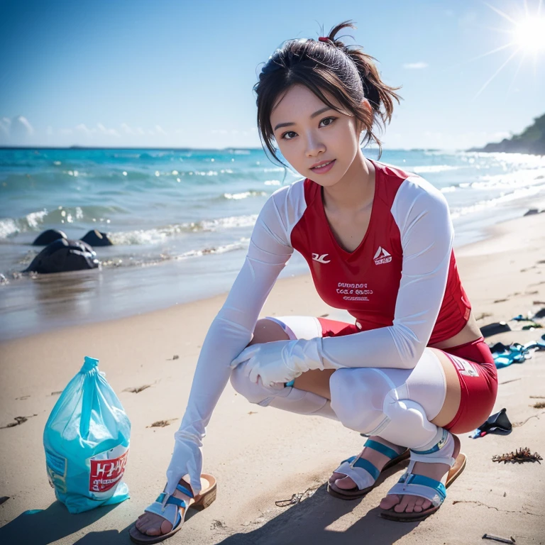 (2 beautiful Korean women volunteers, age 28, (wearing White Tight Lightweight Synthetic Korea Volleyball Jersey, Red Spandex Shorts, Ankle Braces, Knee Pads, white gloves, sandals, barefeet), (Squatting down, Removing Ocean Debris, Plastic bottles, Plastic Bags, Garbage, Dump Pit, Garbage bags), (Beach Clean-up, Ocean Clean-up), Early Dawn On a polluted Beach, Sun-rays, Lens Flare,

Hopeful expressions, kind smile, dimples, cute snaggle-tooth, short hair, bob hair, short ponytail, symmetrical face, detailed facial features, beautiful detailed face, highly detailed face, beautiful detailed eyes, perfect body anatomy, ample bosoms,

photorealistic, hyper-realism, high contrast, ultra HD, realistic skin textures, top image quality, top-quality, super high resolution, fine details, very meticulously, masterpiece, Award-winning, Medium Shot, Cowboy Shot, Full Body Shot, High Angle Shot, bokeh background, SFW, Safe For Work) #WorldOceansDay