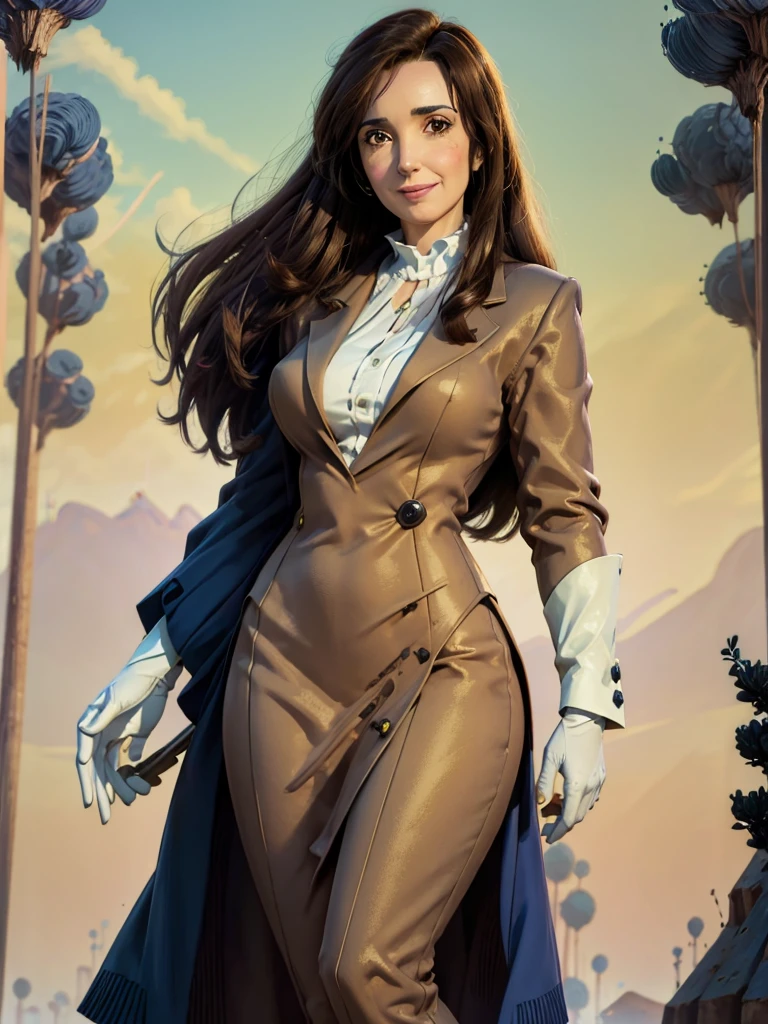 8k, Best Quality, Victoria Villarruel dressed in a suit as a lawyer, long dark brown hair, slim with wide hips, smiling warm expression. outdoor, clearing, plain, namek trees background.