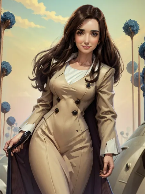 8k, best quality, victoria villarruel dressed in a suit as a lawyer, long dark brown hair, slim with wide hips, smiling warm exp...