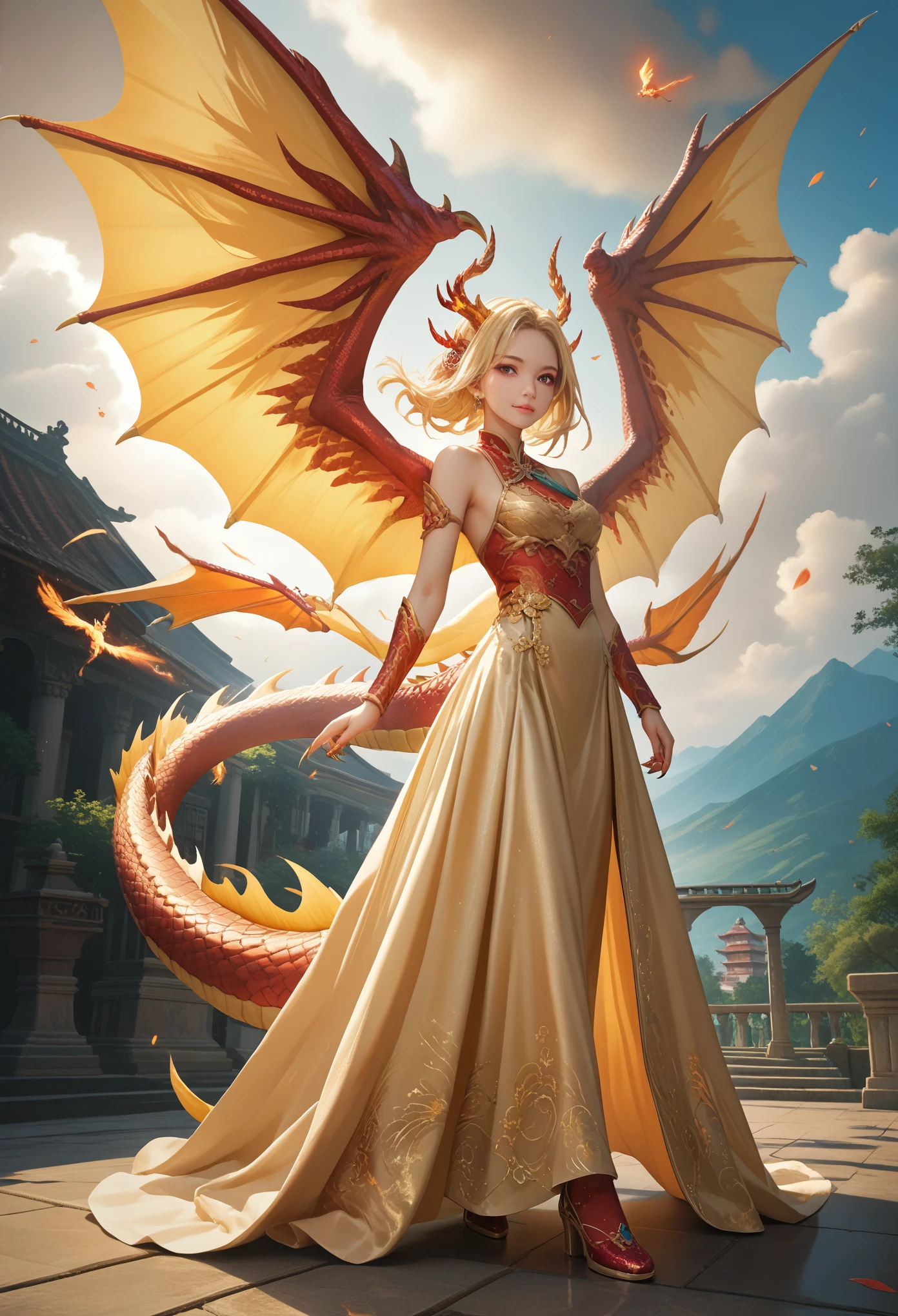 anime girl (blonde hair, in a long dress),Chinese dragon,zavy-chnsdrgn (One, Golden Dragon with Five Claws, Two wings),Flying across the sky Clear rendering of details,Majestic view,Captivating beauty,masterpiece,Mystical Glitter,Pleasant atmosphere,wallpaper,Detail Maximum,4k,cinematic film still,score_9,score_8_up,score_7_up,masterpiece,best quality,8k,source_cartoon,source_アニメ,epic