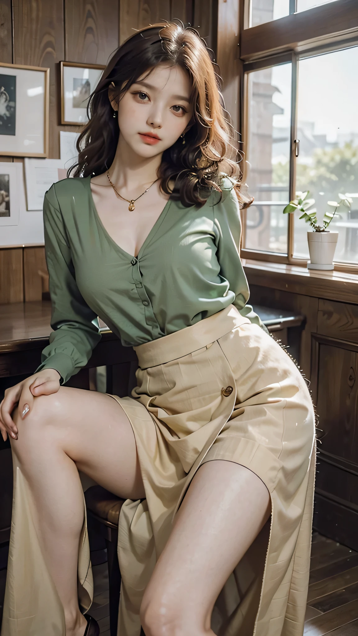 detailed background, masterpiece, best quality, 1 person , curly hair, long hair, purple eyes, star in eye ,lime green blouse, long  skirt, looking at viewer, wooden furniture behind, indoor,y poses,gold jewellery 