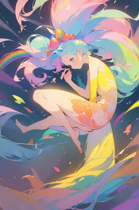 (pastel:1.2)、(chalk drawing)、、high ponytail_merging with the rainbow、barefoot、free、swim like a shrimp、bright colors、strawberry f...